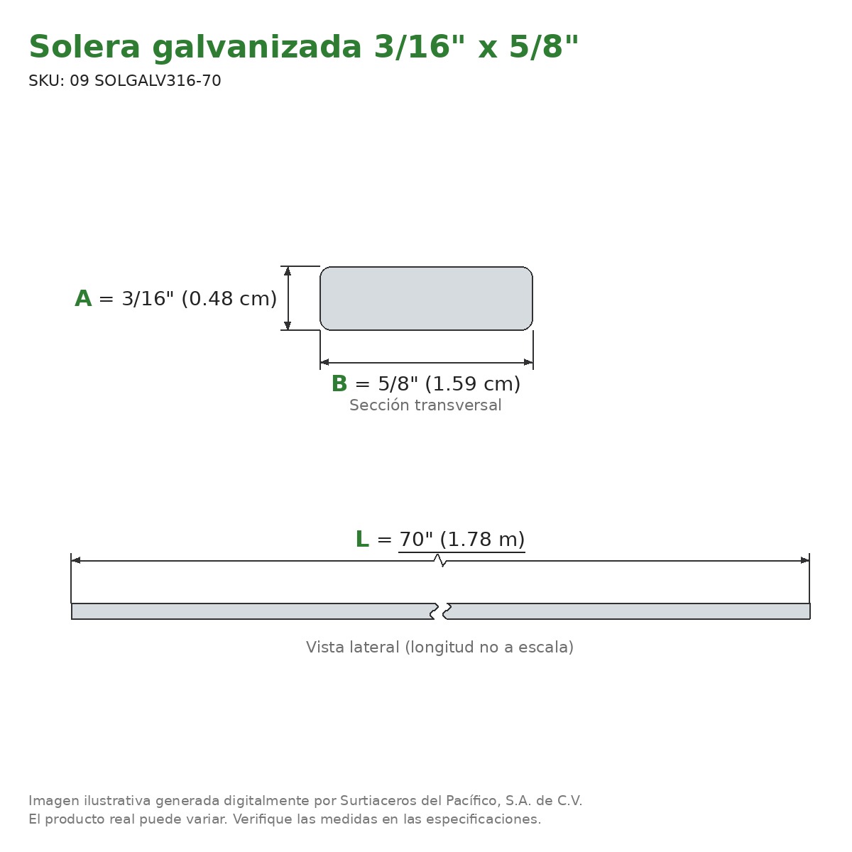 Solera galvanizada 3/16" x 5/8" x 70" 5.83ft - sección transversal