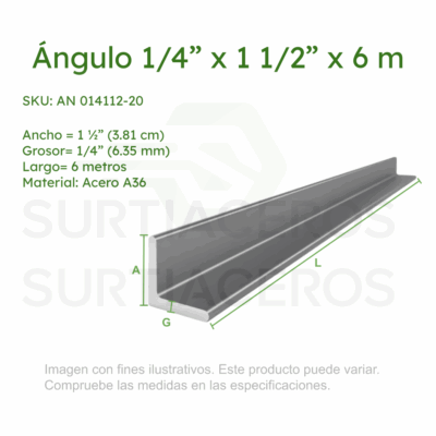 Ángulo 1/4" x 1-1/2" x 6MTS (Acero A36)