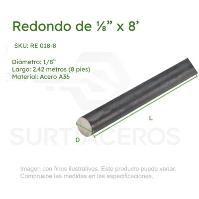 Redondo de 1/8" x 8' (recto #10) sólido de acero