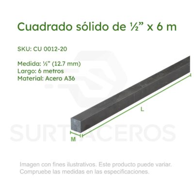 Cuadrado sólido de 1/2" x 6MTS (Acero A36)