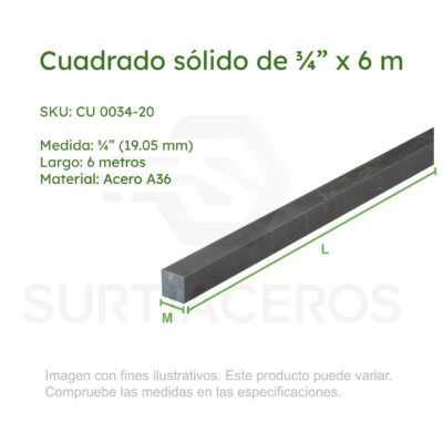 Cuadrado sólido de 3/4" x 6MTS (Acero A36)