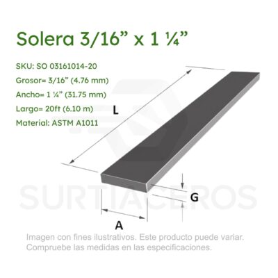 Solera 3/16" x 1-1/4" x 6MTS (Acero ASTM A1011)