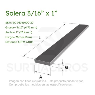 Solera 3/16" x  1" x 6MTS   (Acero ASTM A1011)