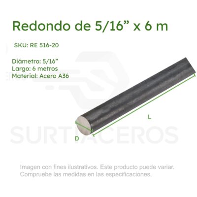 Redondo 5/16" x 6MTS sólido de acero