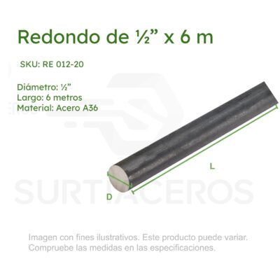 Redondo 1/2" x 6MTS sólido de acero