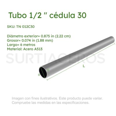 Tubo Negro 1/2" Ced 30 x 6.00 MTS (Diámetro Ext 0.875", Espesor 0.074", Acero A513)