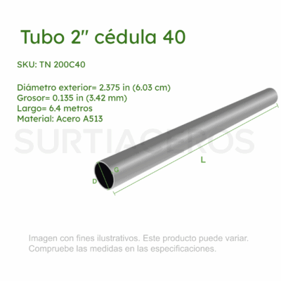 Tubo Negro 2" Ced 40 x 6.4 MTS (Diámetro Ext 2.375", Espesor 0.135", Acero A513)
