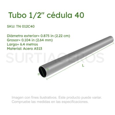 Tubo Negro 1/2" Ced 40 x 6.40 MTS (Diámetro Ext 0.875", Espesor 0.104", Acero A513)