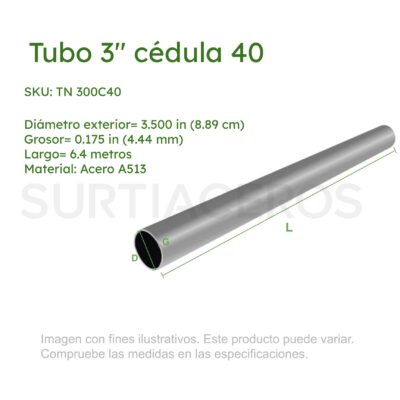 Tubo Negro 3" Ced 40 x 6.4 MTS (Diámetro Ext 3.500", Espesor 0.175", Acero A513)