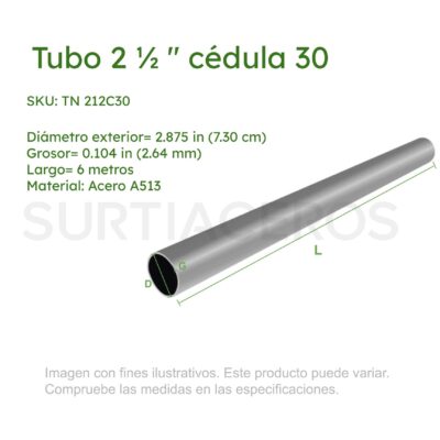 Tubo Negro 2-1/2" Ced 30 x 6.10 MTS (Diámetro Ext 2.875", Espesor 0.104", Acero A513)