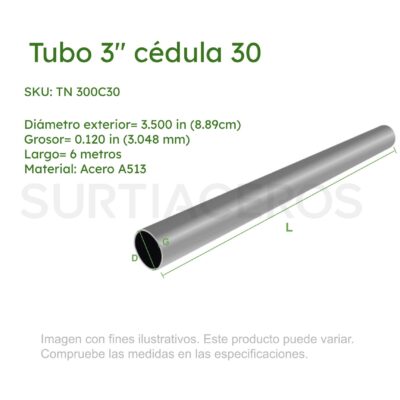 Tubo Negro 3" Ced 30 x 6 m (Diámetro Ext 3.500", Espesor 0.120", Acero A513)
