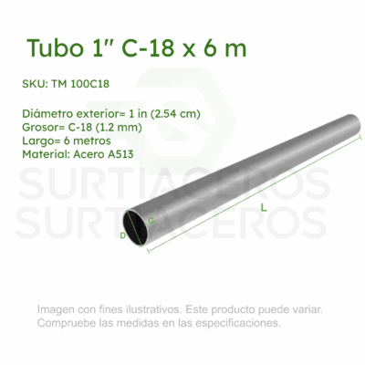 Tubo Mofle 1" C-18 x 6 MTS (Diámetro Ext 1", Acero A513)