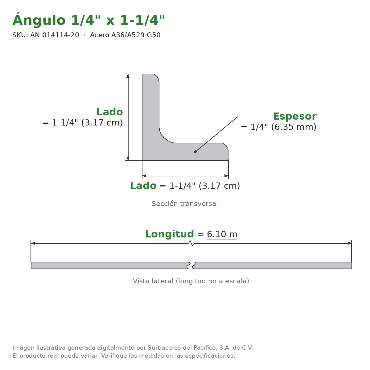 Ángulo 1/4" x 1-1/4" x 6.10 m - Acero A36/A529 G50 - sección transversal