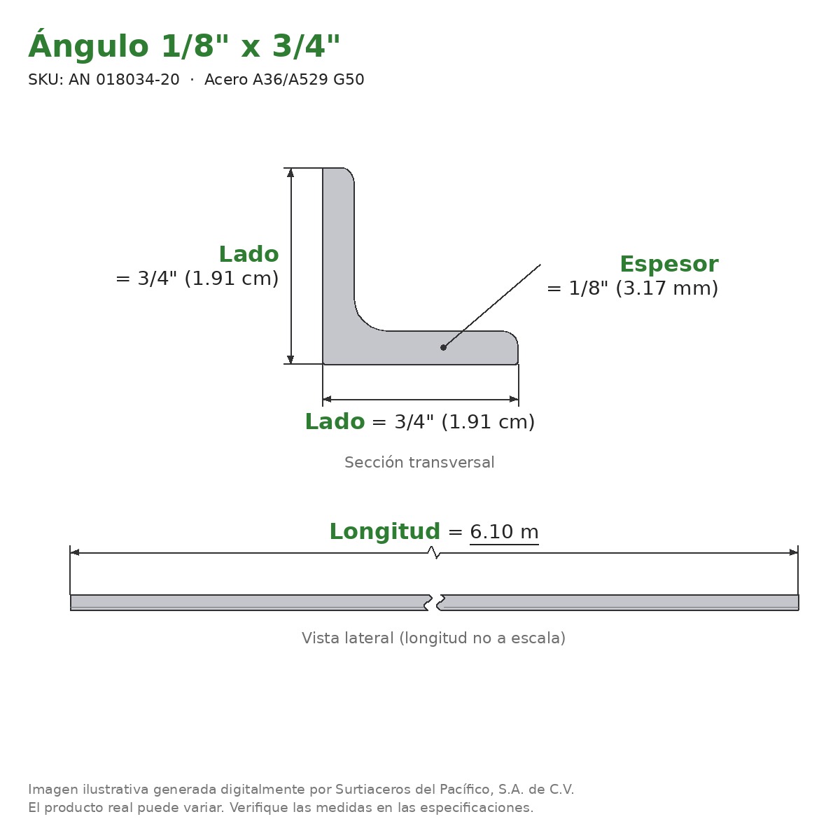 Ángulo 1/8" x 3/4" x 6.10 m - Acero A36/A529 G50 - sección transversal