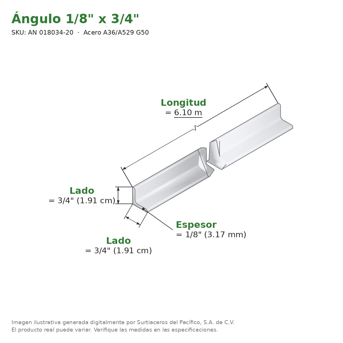 Ángulo 1/8" x 3/4" x 6.10 m - Acero A36/A529 G50 - medidas
