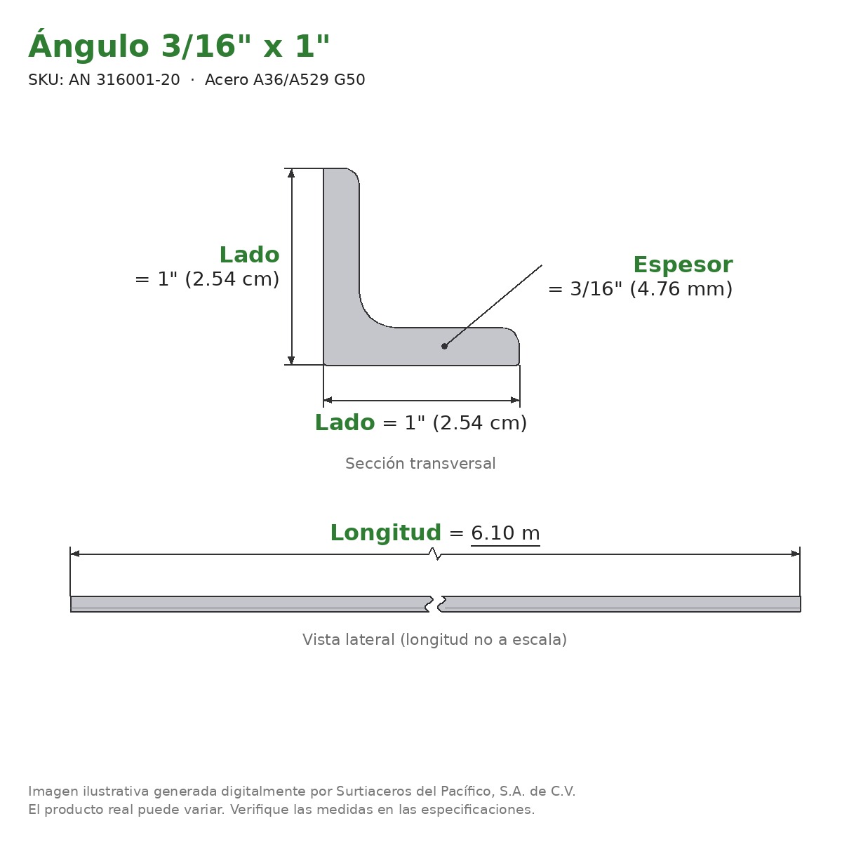 Ángulo 3/16" x 1" x 6.10 m - Acero A36/A529 G50 - sección transversal