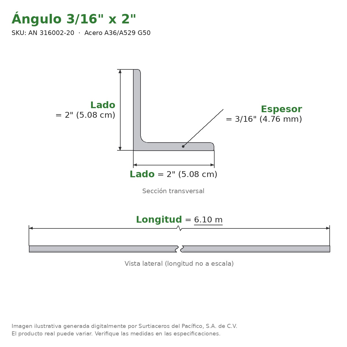 Ángulo 3/16" x 2" x 6.10 m - Acero A36/A529 G50 - sección transversal