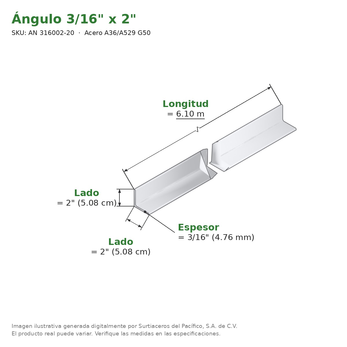 Ángulo 3/16" x 2" x 6.10 m - Acero A36/A529 G50 - medidas