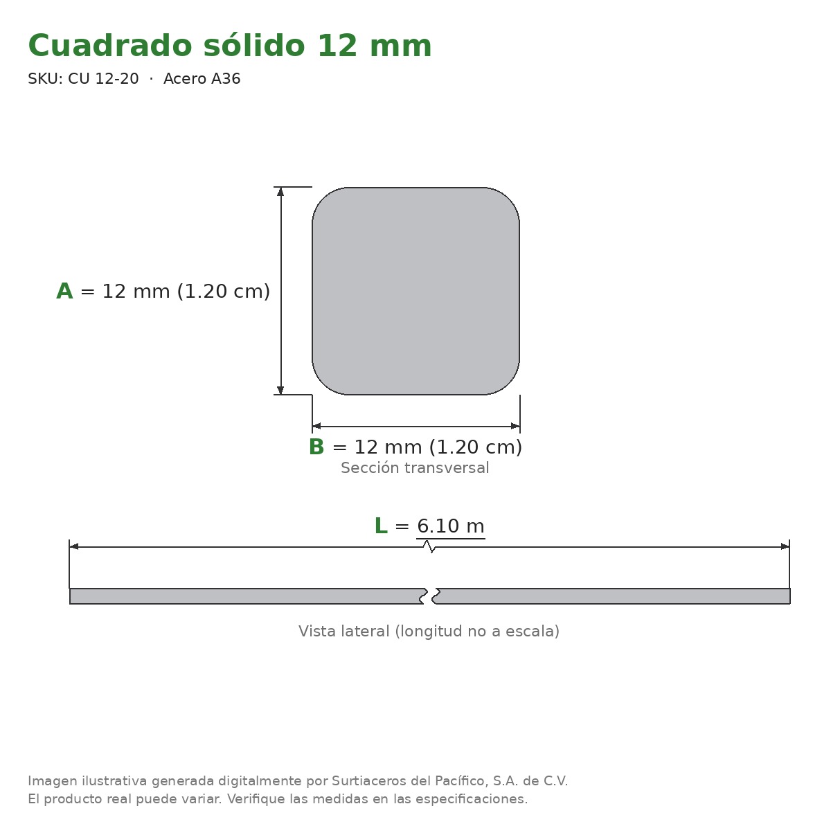 Cuadrado sólido 12 mm x 6.10 m - Acero A36 - sección transversal