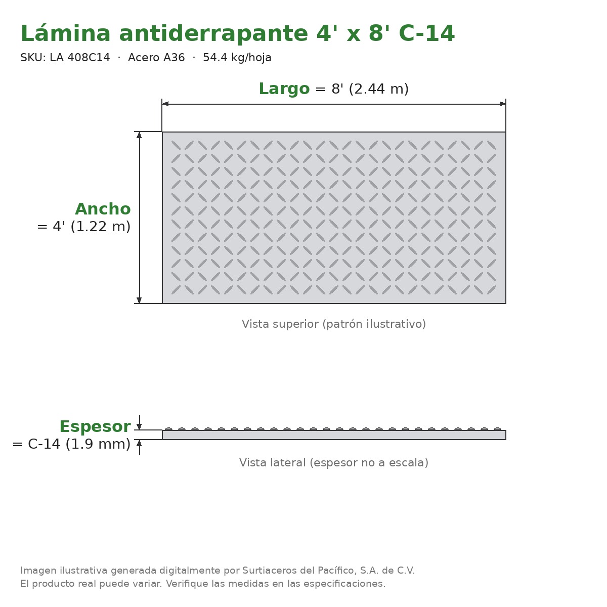 Lámina antiderrapante 4' x 8' C-14 - Acero A36 - sección transversal