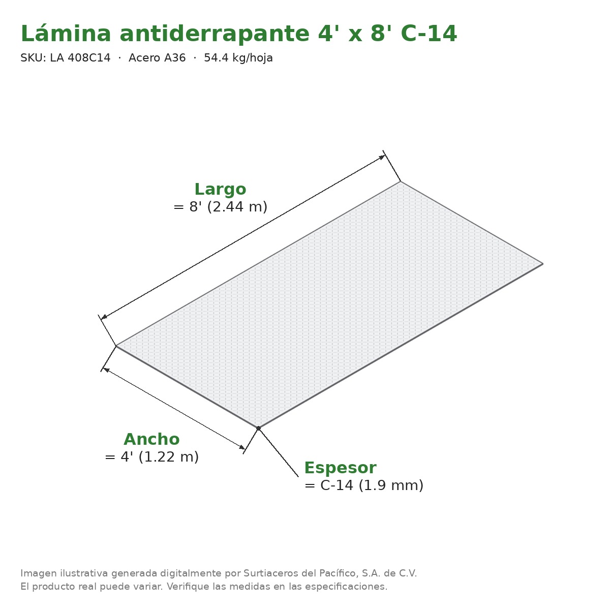 Lámina antiderrapante 4' x 8' C-14 - Acero A36 - medidas