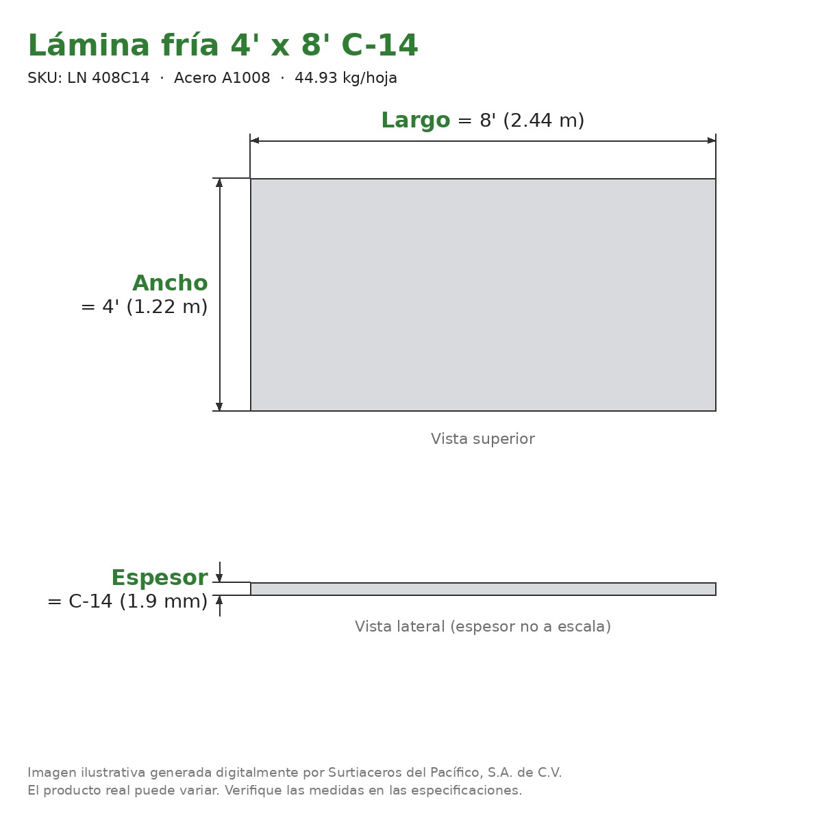 Lámina negra fría 4' x 8' C-14 - Acero A1008 - sección transversal