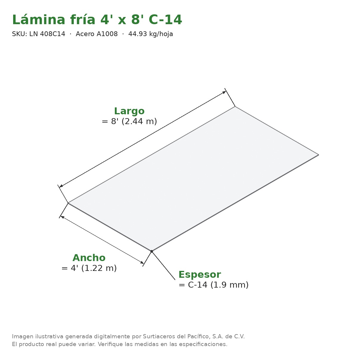 Lámina negra fría 4' x 8' C-14 - Acero A1008 - medidas