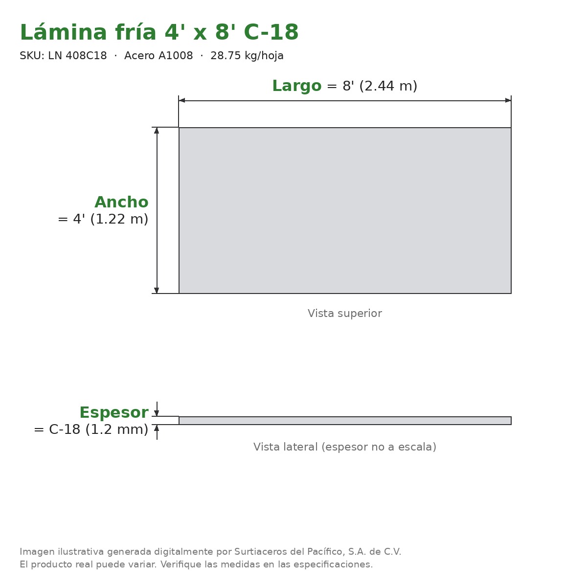 Lámina negra fría 4' x 8' C-18 - Acero A1008 - sección transversal