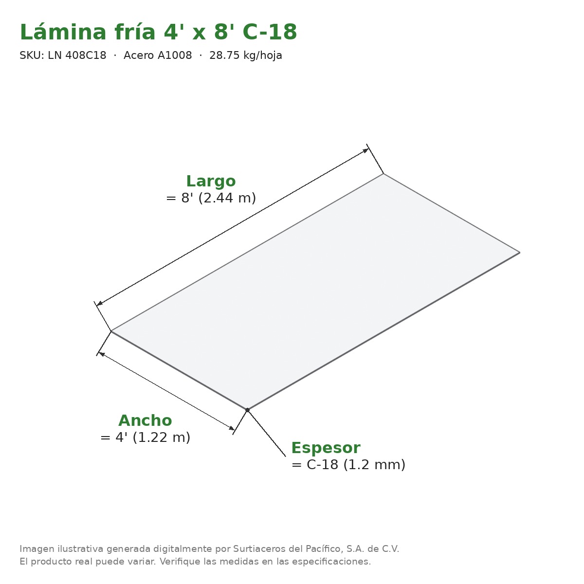 Lámina negra fría 4' x 8' C-18 - Acero A1008 - medidas