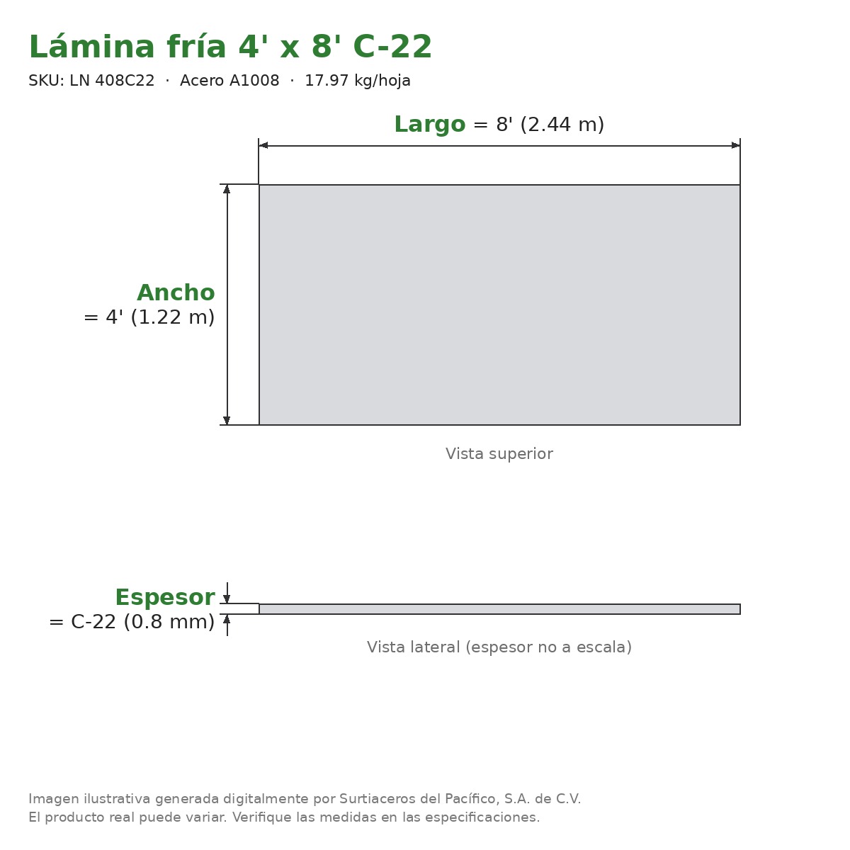 Lámina negra fría 4' x 8' C-22 - Acero A1008 - sección transversal