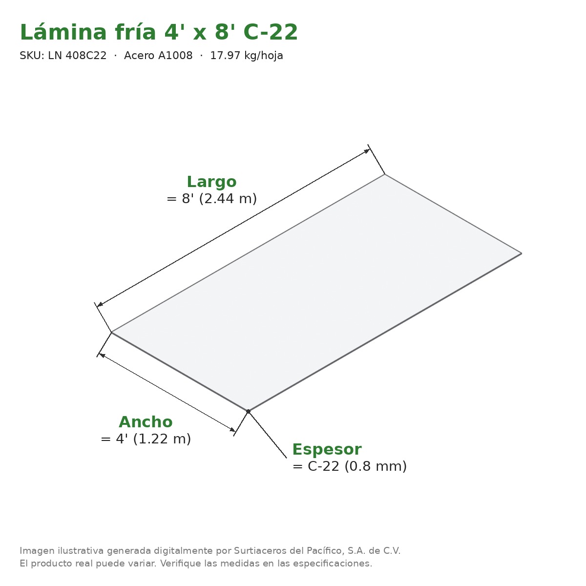 Lámina negra fría 4' x 8' C-22 - Acero A1008 - medidas