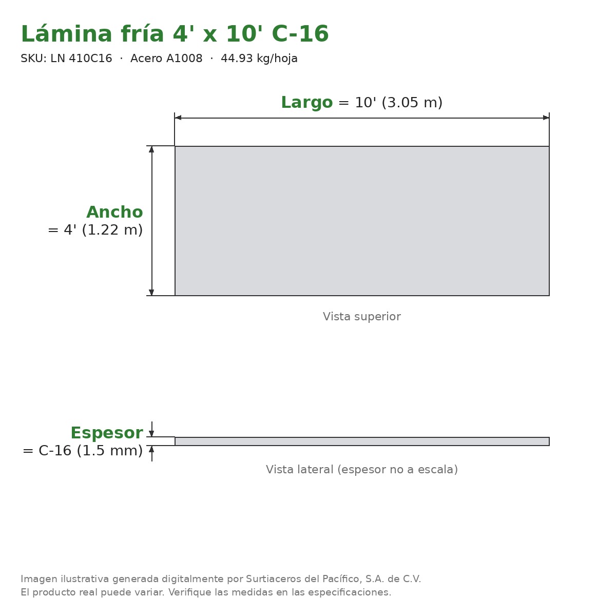 Lámina negra fría 4' x 10' C-16 - Acero A1008 - sección transversal