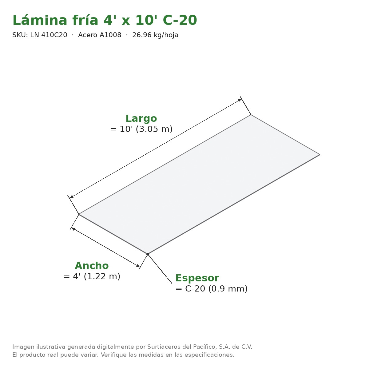Lámina negra fría 4' x 10' C-20 - Acero A1008 - medidas