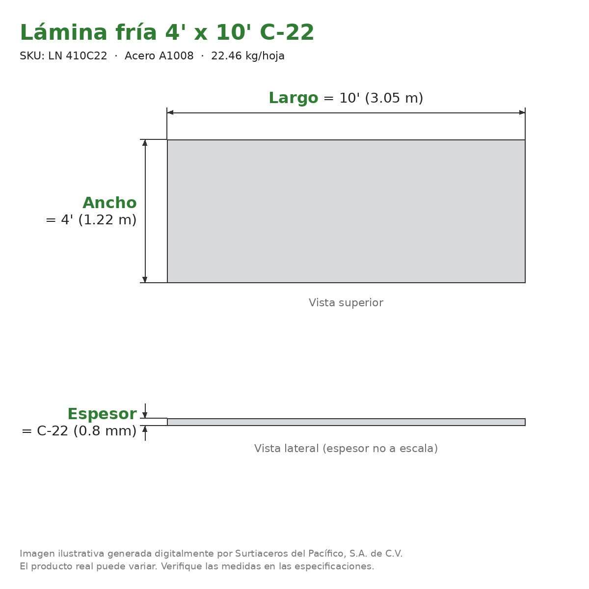 Lámina negra fría 4' x 10' C-22 - Acero A1008 - sección transversal