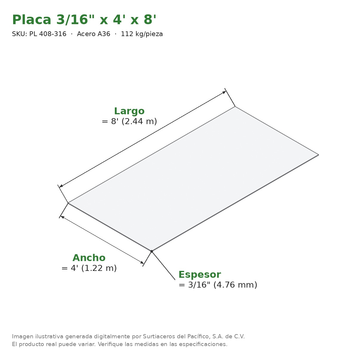 Placa 3/16" x 4' x 8' - Acero A36 - medidas