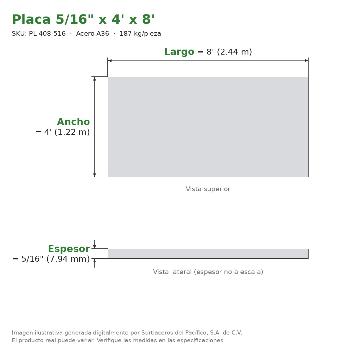Placa 5/16" x 4' x 8' - Acero A36 - sección transversal