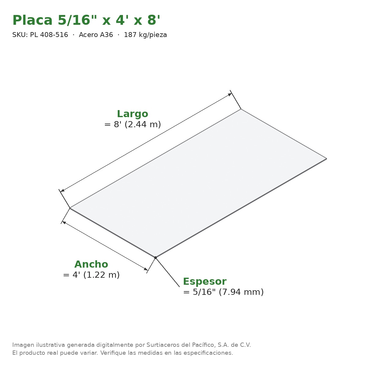 Placa 5/16" x 4' x 8' - Acero A36 - medidas