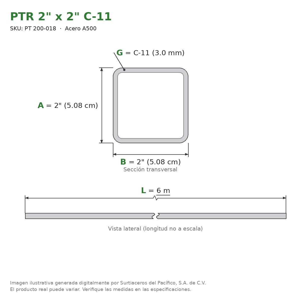 PTR 2" x 2" C-11 x 6.00 m - Acero A500