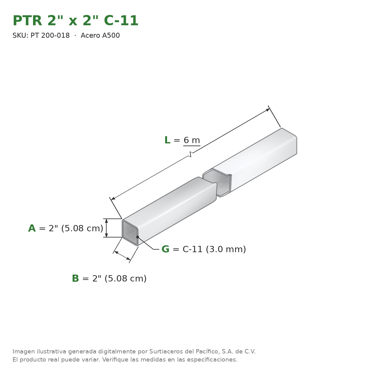 PTR 2" x 2" C-11 x 6.00 m - Acero A500