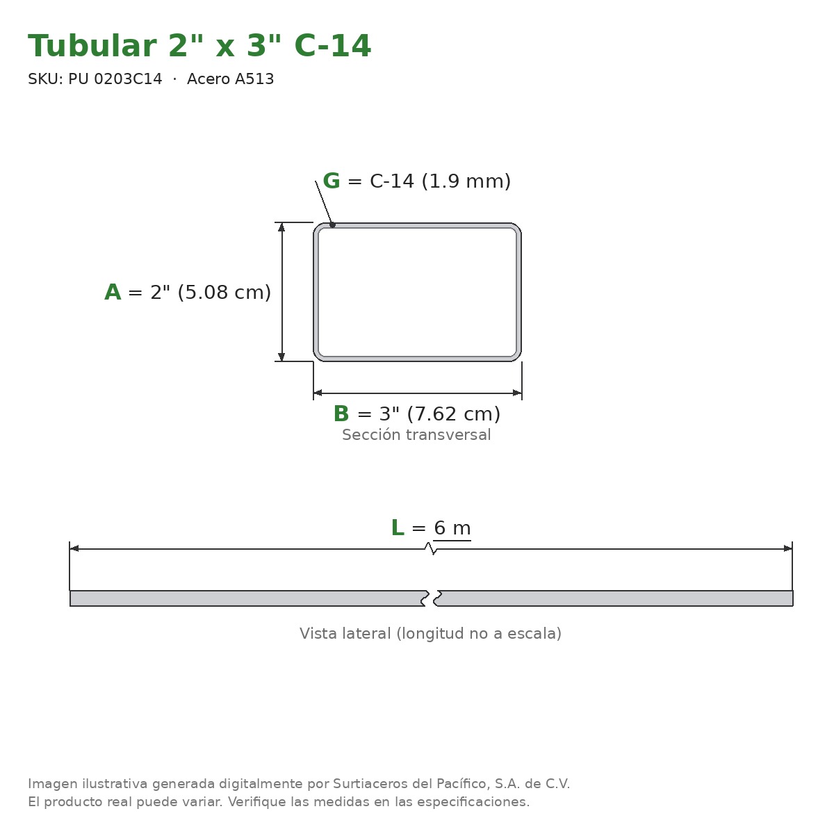 Tubular 2" x 3" C-14 x 6.00 m - Acero A513