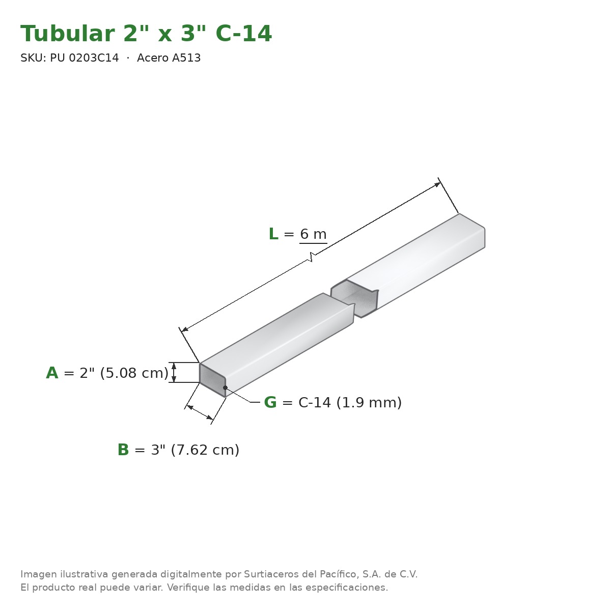 Tubular 2" x 3" C-14 x 6.00 m - Acero A513