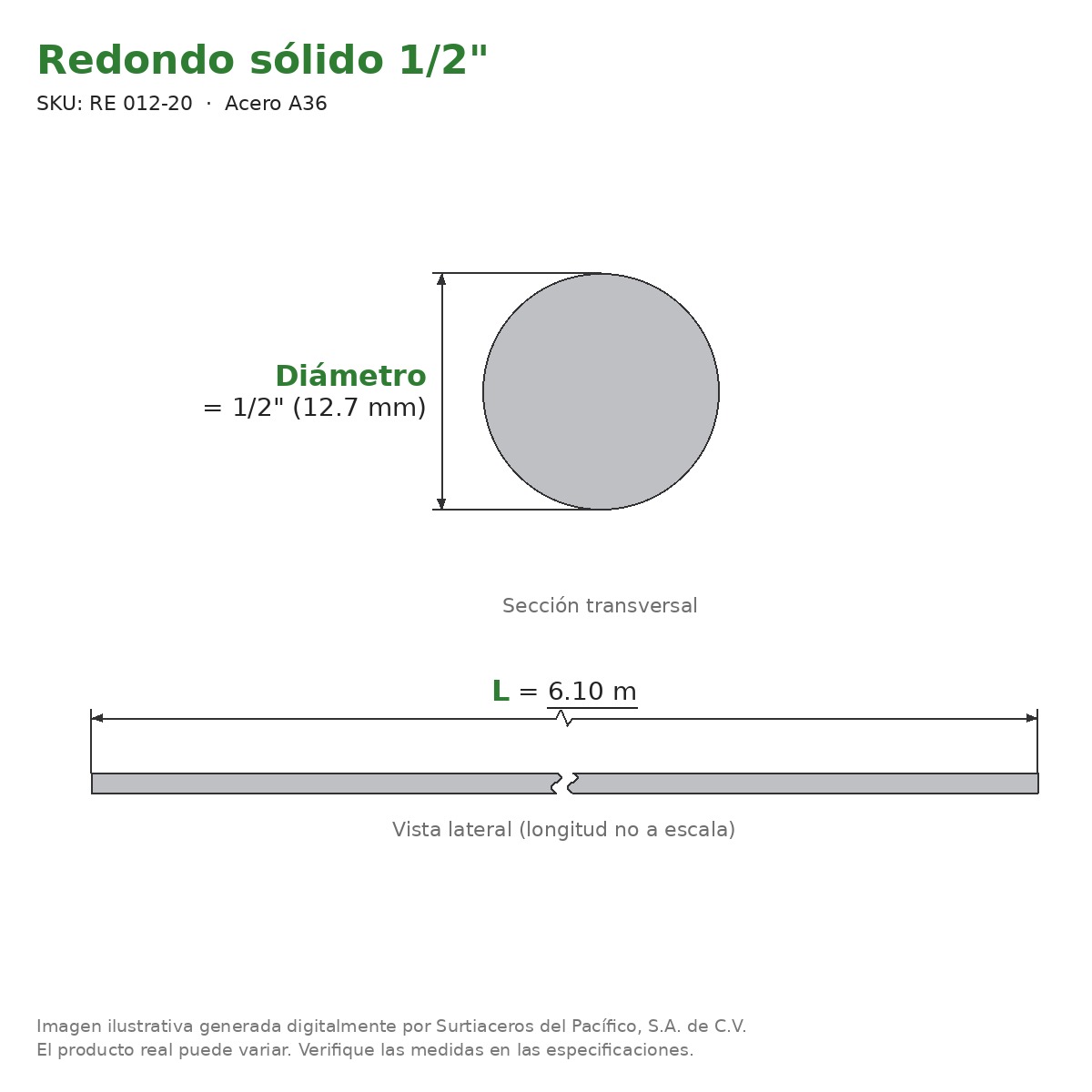 Redondo sólido 1/2" x 6.10 m - Acero A36 - sección transversal
