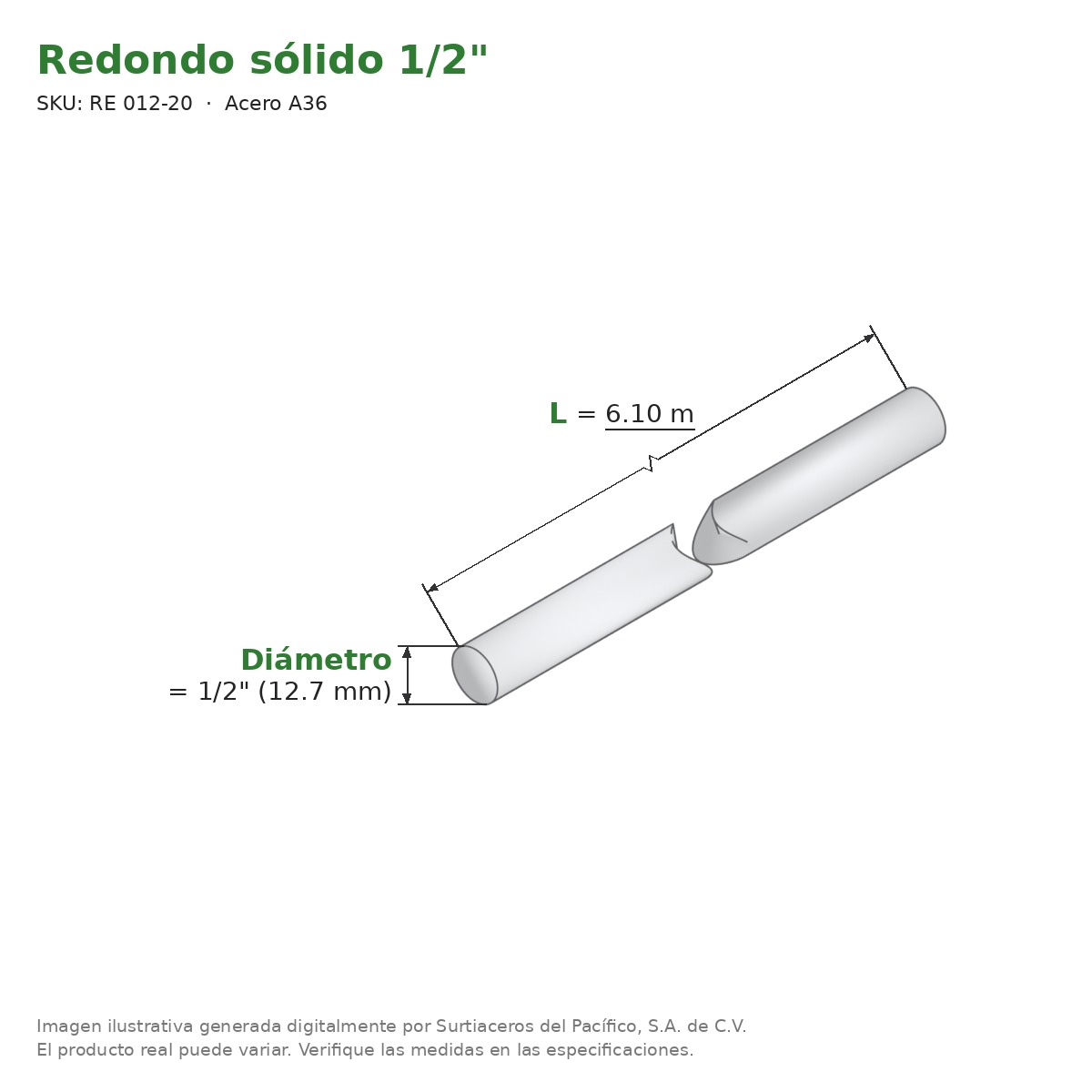 Redondo sólido 1/2" x 6.10 m - Acero A36 - medidas