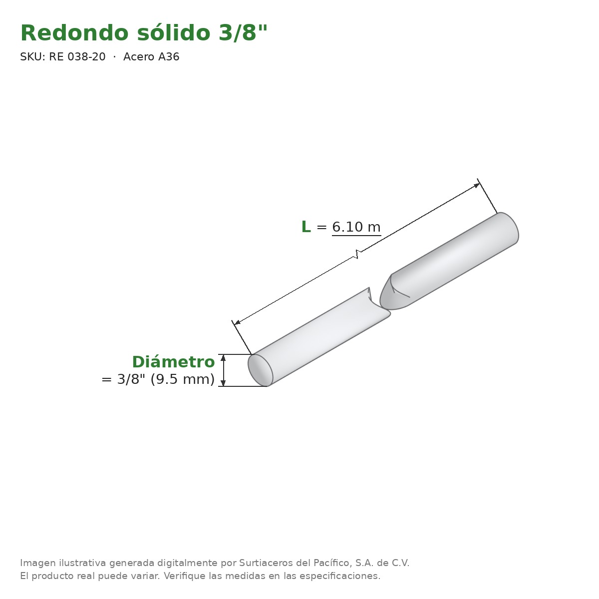 Redondo sólido 3/8" x 6.10 m - Acero A36 - medidas