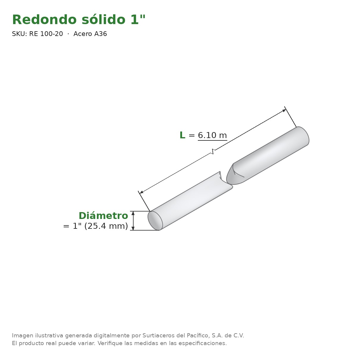 Redondo sólido 1" x 6.10 m - Acero A36 - medidas