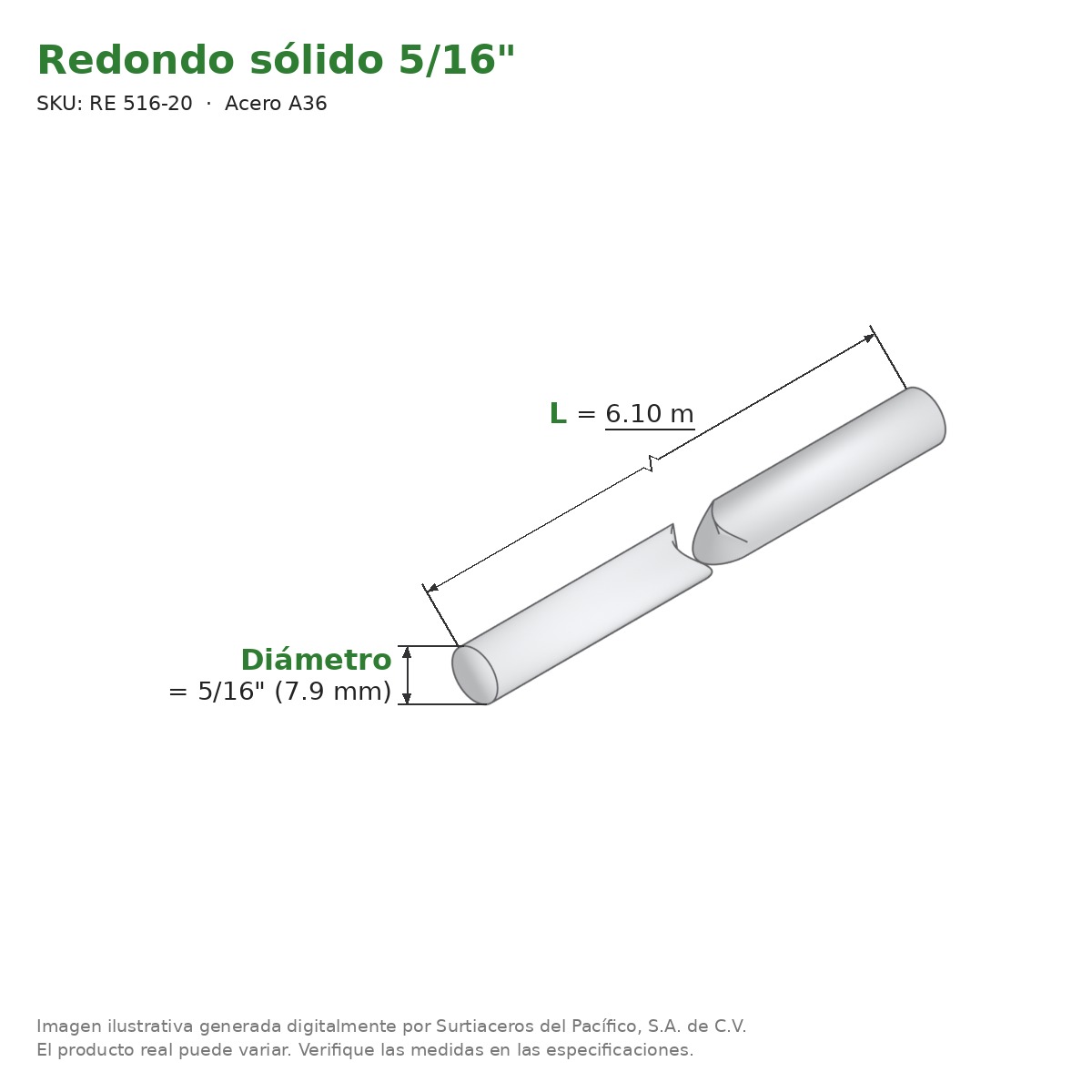 Redondo sólido 5/16" x 6.10 m - Acero A36 - medidas