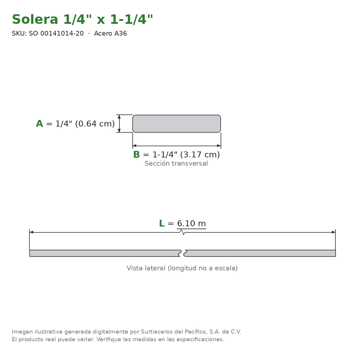 Solera 1/4" x 1-1/4" x 6.10 m - Acero A36 - sección transversal