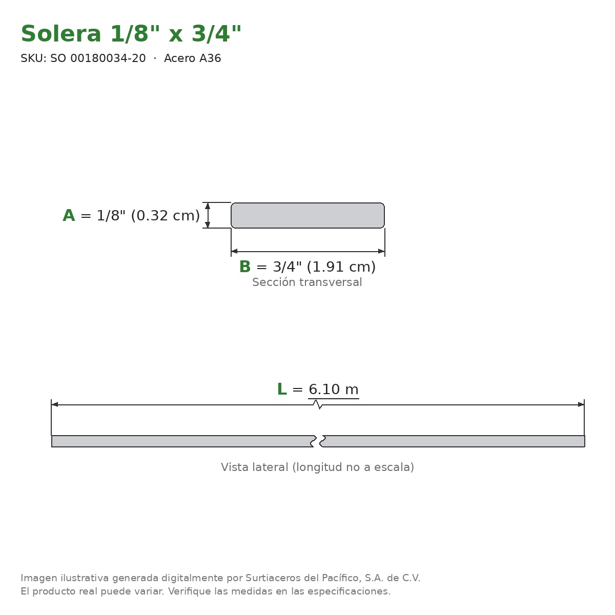 Solera 1/8" x 3/4" x 6.10 m - Acero A36 - sección transversal
