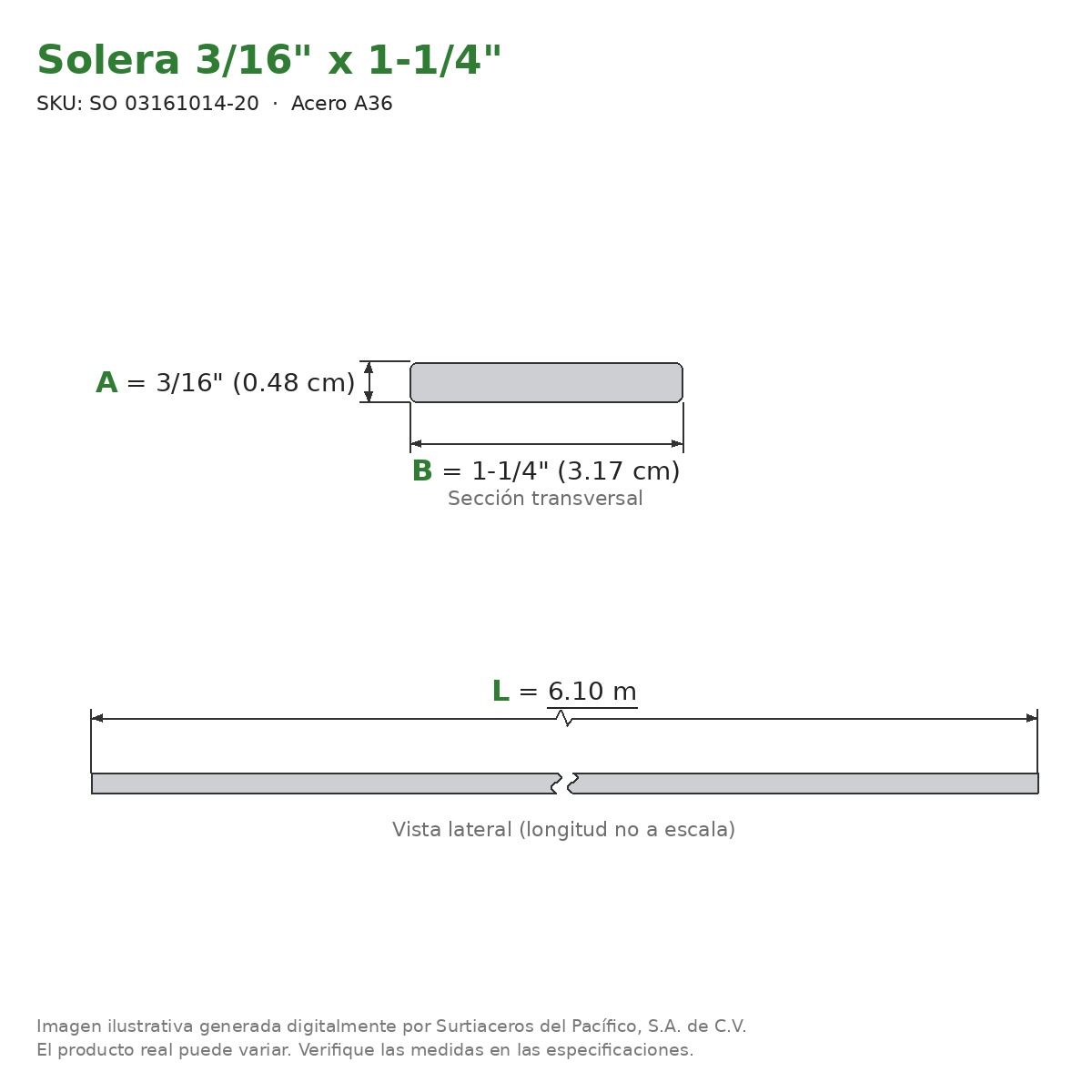 Solera 3/16" x 1-1/4" x 6.10 m - Acero A36 - sección transversal
