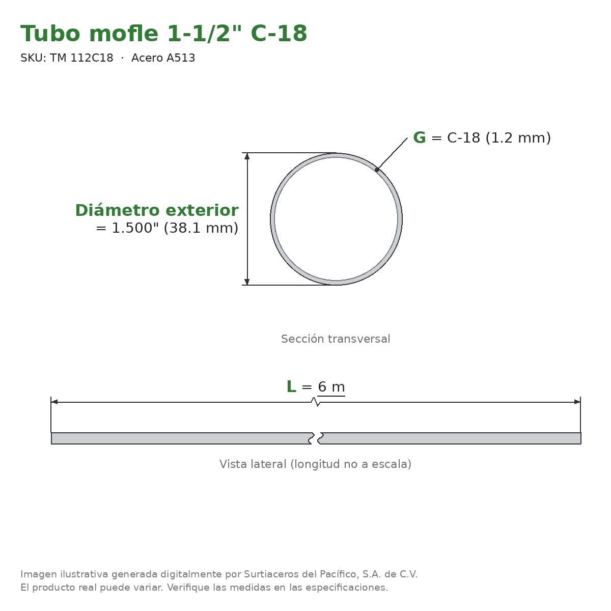 Tubo mofle 1-1/2" C-18 x 6 m - Acero A513 (Ø ext. 1.500") - sección transversal